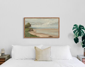 Antique Beach panorama | PRINTABLE WALL ART | bedroom wall art | vintage art painting | coastal wall art | oversize wall art | Free Shipping