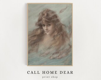 Vintage Zeemeermin Schilderij (DIGITAL) | Oceaan portret | Kunst aan de kust | Digitaal PRINTBAAR | s03-17