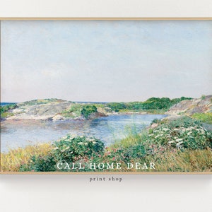 Coastal landscape painting (PRINT), Vintage wall art, Antique lake painting