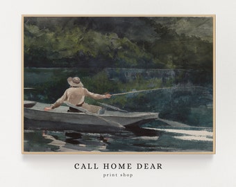 Vintage fishing painting (PRINT) | Gift for Dad | Fisherman watercolor | Lake House Painting | MAILED PRINT