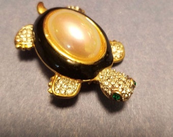 Vintage turtle brooch | pearl turtle with green eyes and faux diamonds | costume jewelry | Free Gift Card Included