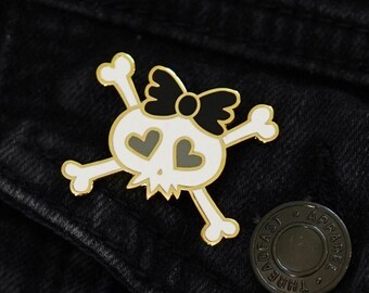 Skull Girl Enamel Pin – Gold Plated, Black Bow