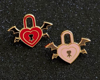 Pink Heart Locket Bat Wings Enamel Pin – Pastel Goth Kawaii