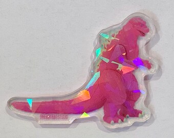 Godzilla Pin - Acrylic - Holographic - Custom Toy - Kaiju - Burning Godzilla - Hot Pink