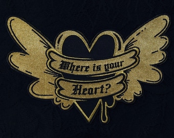 Winged Heart Embroidered Back Patch – Gold Metallic Thread