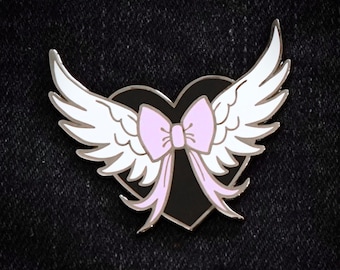 Magical Girl Heart Enamel Pin – Purple Bow, White Wings