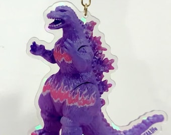 Holographic Acrylic Godzilla Keychain – Purple Pink Kaiju with Gold Star