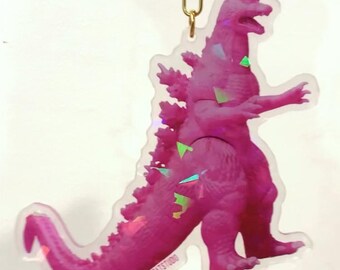 Holographic Acrylic Godzilla Keychain – Pink Kaiju, Gold Star Charm