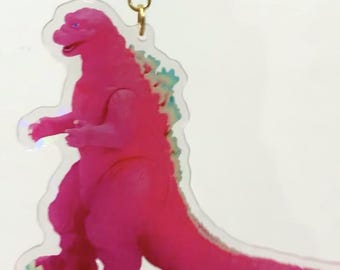 Holographic Acrylic Godzilla Keychain – Pink Kaiju, Gold Star
