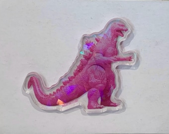 Pink Godzilla Pin - Acrylic - Holographic - Custom Toy - Kaiju - Burning Godzilla