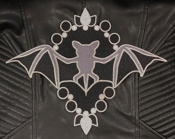 Bat Amulet Back Patch - Large Patch - Black and Silver - Embroidery Patch - Bats - Gothic Accessories - Goth - Dark - Halloween, Oddities