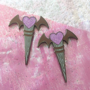 Enamel Pin - Buffy the Vampire Slayer - Silver Stake - Halloween Bat Pin - Glitter Heart - Creepy Cute - Purple Heart - pastel goth - Spooky