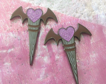 Buffy Vampire Slayer Enamel Pin – Silver Stake, Glitter Heart Bat