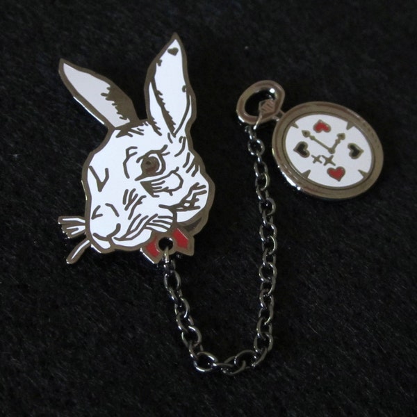 White Rabbit Enamel Pin Set- (Gunmetal) Easter Bunny, Easter Basket, Alice in Wonderland, Disney Pins, Chain Collar Pin Set, Fantasy Disney