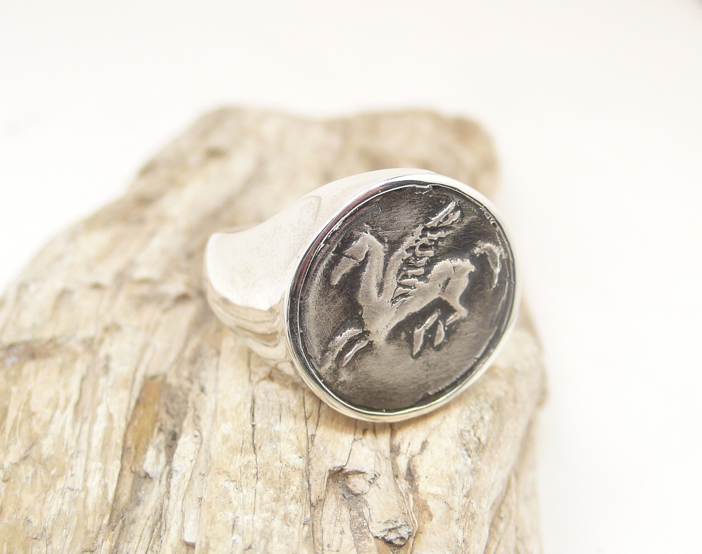 Pegasus Polished Brass Signet Coin Ring for Men and Women 18mm Round Made in All Size Flying Horse Chevaliere Homme Femme Siegelring