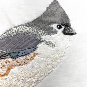 May include: Close-up of a fabric bird applique. The bird features a gray head and wings with patterned fabric accents. The chest is white, and the lower body has cream and orange lace details. The bird is stitched onto a white background.