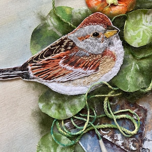 Kit Fabric Collage Bird Appliqué Hand Sewing Slow Stitch Gift Nature Lover Tree Sparrow Pattern Printed On Fabric All You Need Except Floss