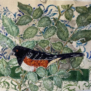 Bird Sewing Kit Fabric Collage Towhee Slow Stitch Bird Appliqué Gift For Sewer Friend Journal Embellishment Embroidery