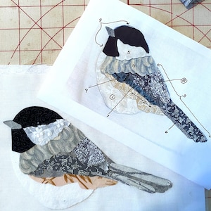 Black-Capped Chickadee Fabric Collage Kit, Slow Stitch Project to make your own fabric appliqué!