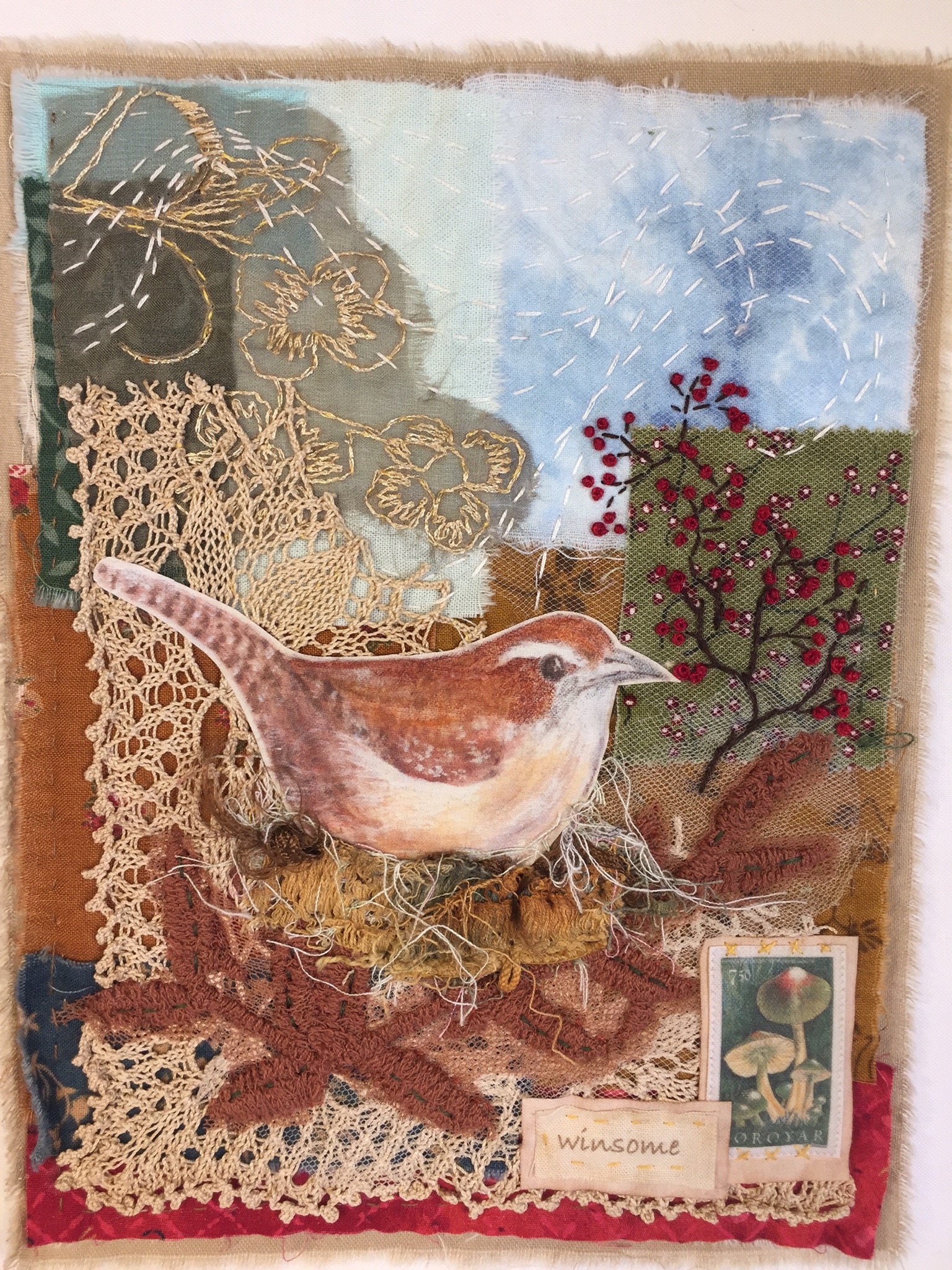 Mini Quilt, Fabric Collage, Wall Hanging, Textile Art, Gift, Journal