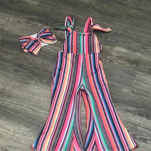 Girls Jumpsuit / Suspender Flared Trousers / Serape Stripe Toddler BOHO Suspender Overalls Serape with Headband