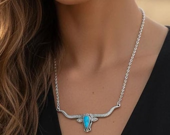 Turquoise Longhorn Skull Necklace | Western Cowgirl Statement Jewelry