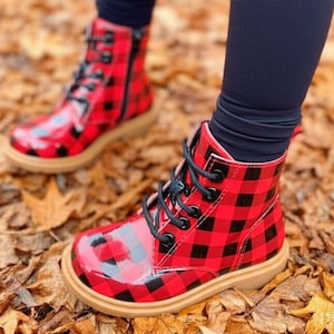 Buffalo Plaid Boots Kids Red & Black Checkered Ankle Boots Cozy Winter Footwear
