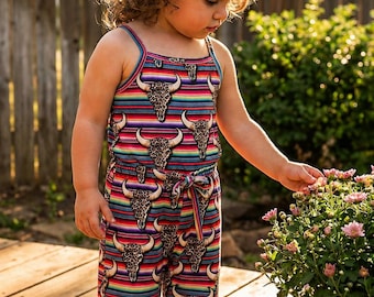 Girls Western Bell Bottom Romper Serape Cow Skull Cowgirl Jumpsuit Toddler Outfit