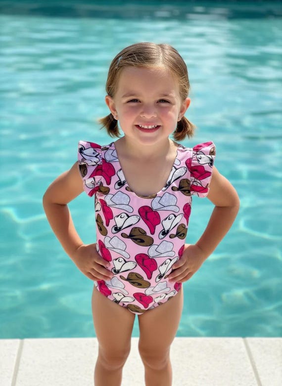 Cowgirl Hats Swimsuit - Pink Western One‑Piece, Toddler & Kids Swimwear