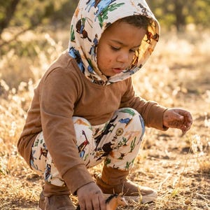 Puede incluir: Un ni&ntilde;o con una sudadera con capucha marr&oacute;n y pantalones con estampado de vaquero, jugando con un caballo de juguete. La sudadera con capucha y los pantalones son de un material suave. El ni&ntilde;o lleva zapatos marrones. El fondo es un campo con hierba seca.