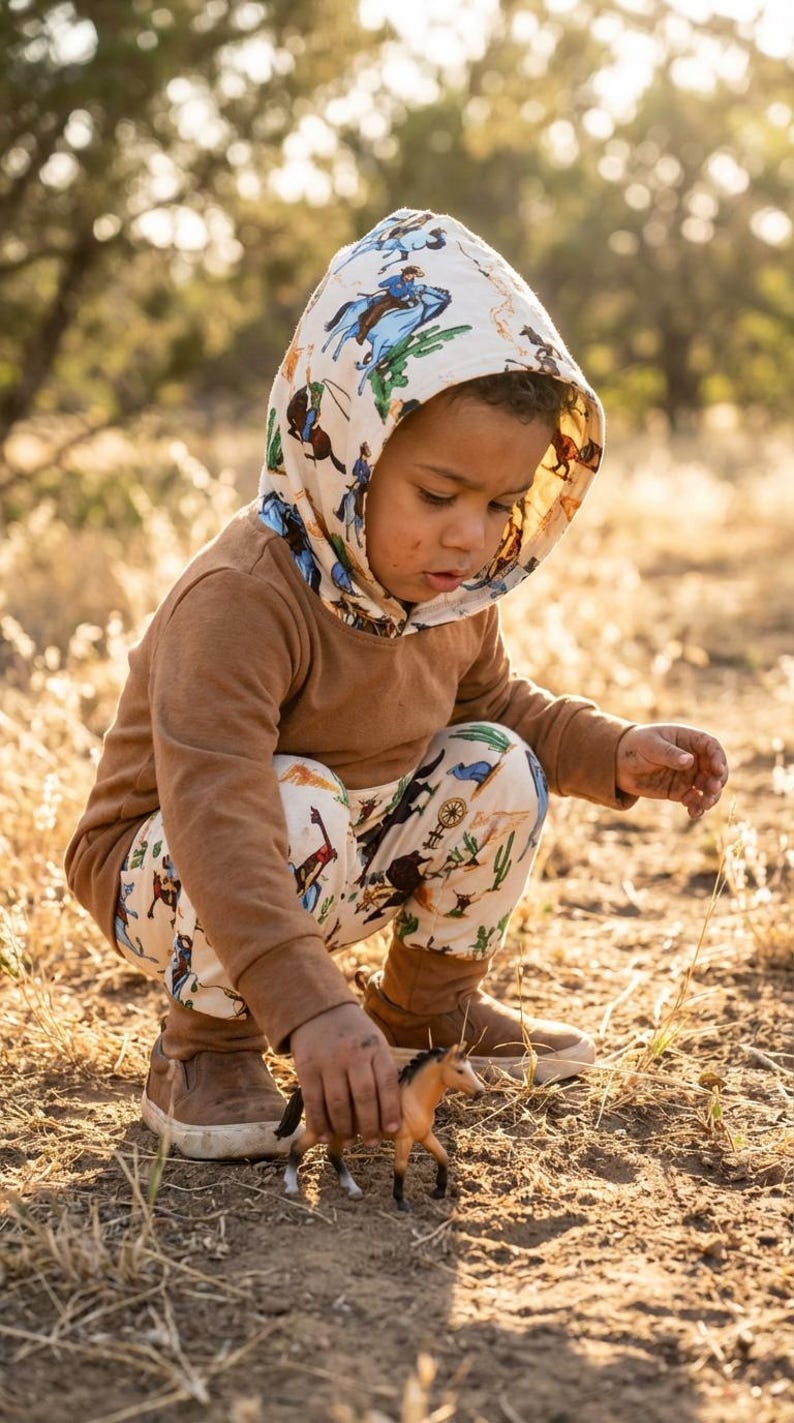 Puede incluir: Un ni&ntilde;o con una sudadera con capucha marr&oacute;n y pantalones con estampado de vaquero, jugando con un caballo de juguete. La sudadera con capucha y los pantalones son de un material suave. El ni&ntilde;o lleva zapatos marrones. El fondo es un campo con hierba seca.