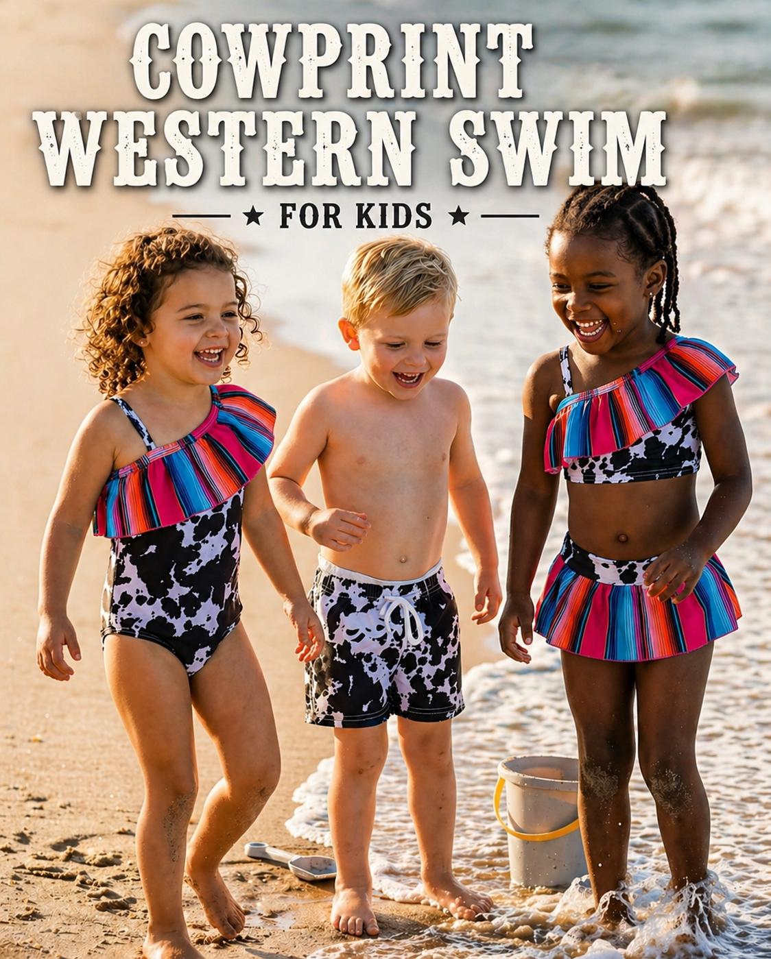 Girls & Boys Western Cowhide Swimsuits | Cow Print Matching