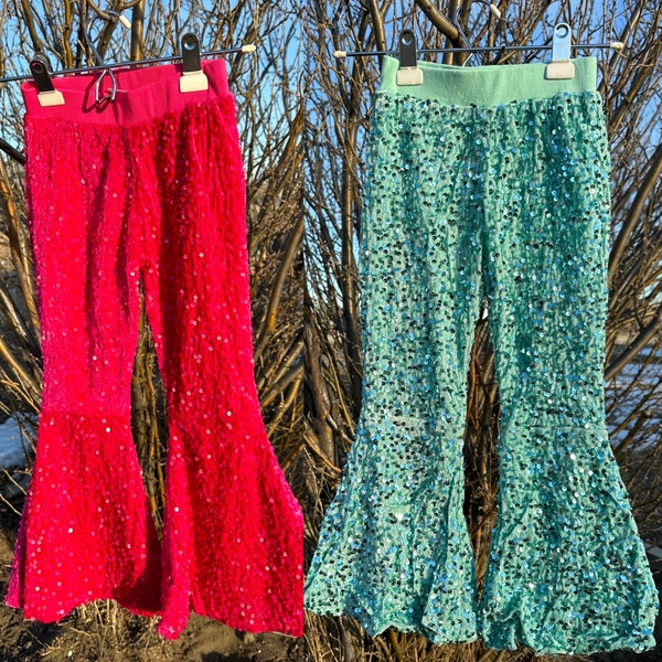 Girls Sparkle Sequin Bell Bottoms, PINK TURQUOISE Sequin Pants