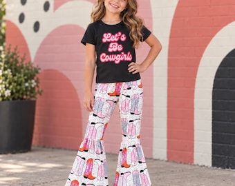 Girls Western Bell Bottom Outfit - Let’s Be Cowgirls Pink Boot Print