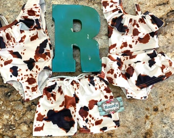 COWBABE CowPrint Swimsuit | WESTERN BABY Cowhide Tankinki | Ruffle Swimsuit | Matching Swimsuits | 1 Shoulder Ruffle Swimsuits | Boys Trunks