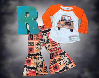 Girls Halloween Outfit: Pumpkin Truck Shirt & Spooky Bell Bottoms