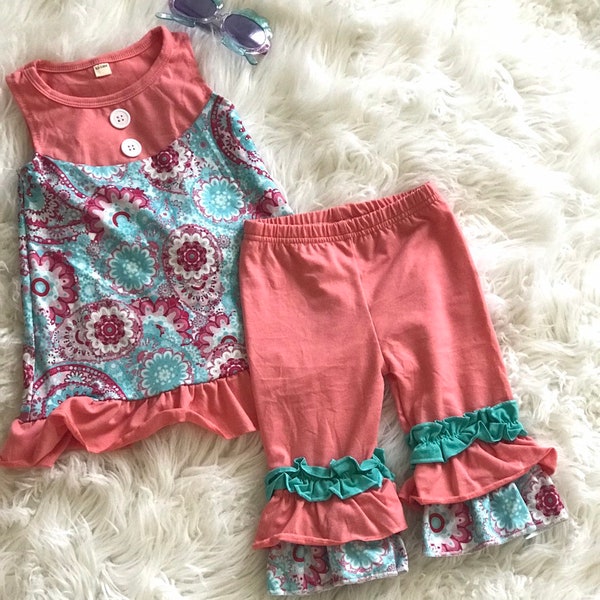 Spring Pink Paisley Ruffle Pants Outfit / Girls Easter Tunic and Pants Set