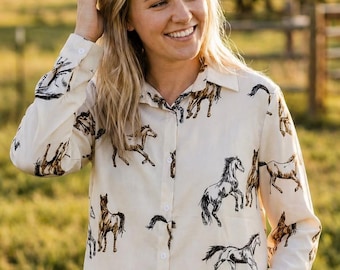 Chemise boutonnée à imprimé chevaux sauvages : style cow-girl western