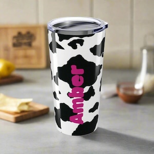 Black and White PERSONALIZED NAME Cow Print Tumbler, 20oz Stainless Steel Travel Mug