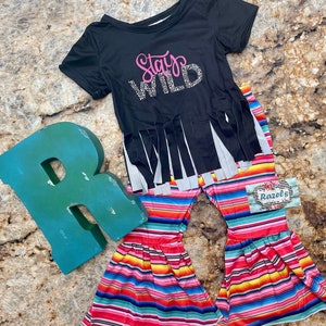 STAY WILD Bell Bottom Outfit,  Serape Flares Black Fringe T-Shirt , Toddler Boutique Outfit, Stay Wild Fringe Tshirt