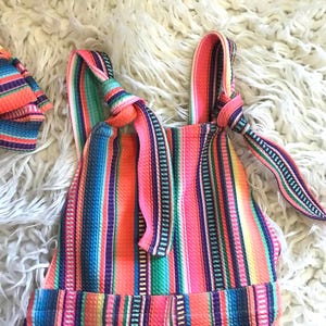 Toddler Girls Serape, Denim Jumpsuit - Serape Stripe Overalls, BOHO Suspender Pants, Western Toddler Outfit With adjustable shoulder straps, you'll get a perfect fit that grows with your child. Comfortable, versatile, and oh-so-fun!
