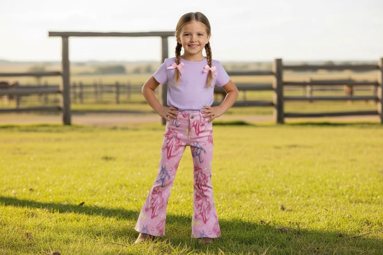 Girls Pink Horse Print Bell Bottom Jeans, Western Cowgirl Flare Pants, Toddler Girls