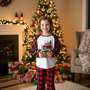 girls christmas outfits featuring red and black checkered buffalo plaid trouser pants and your choice of Merry Christmas or It's the Most Wonderful Time of the Year Long Sleeve Shirts