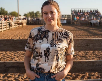 Cowboy Print T-Shirt: Western Bronc Rider Tee for Women