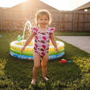 girl playing in backyard wearing Girls Cowgirl Hat Swimsuit | Western One Piece