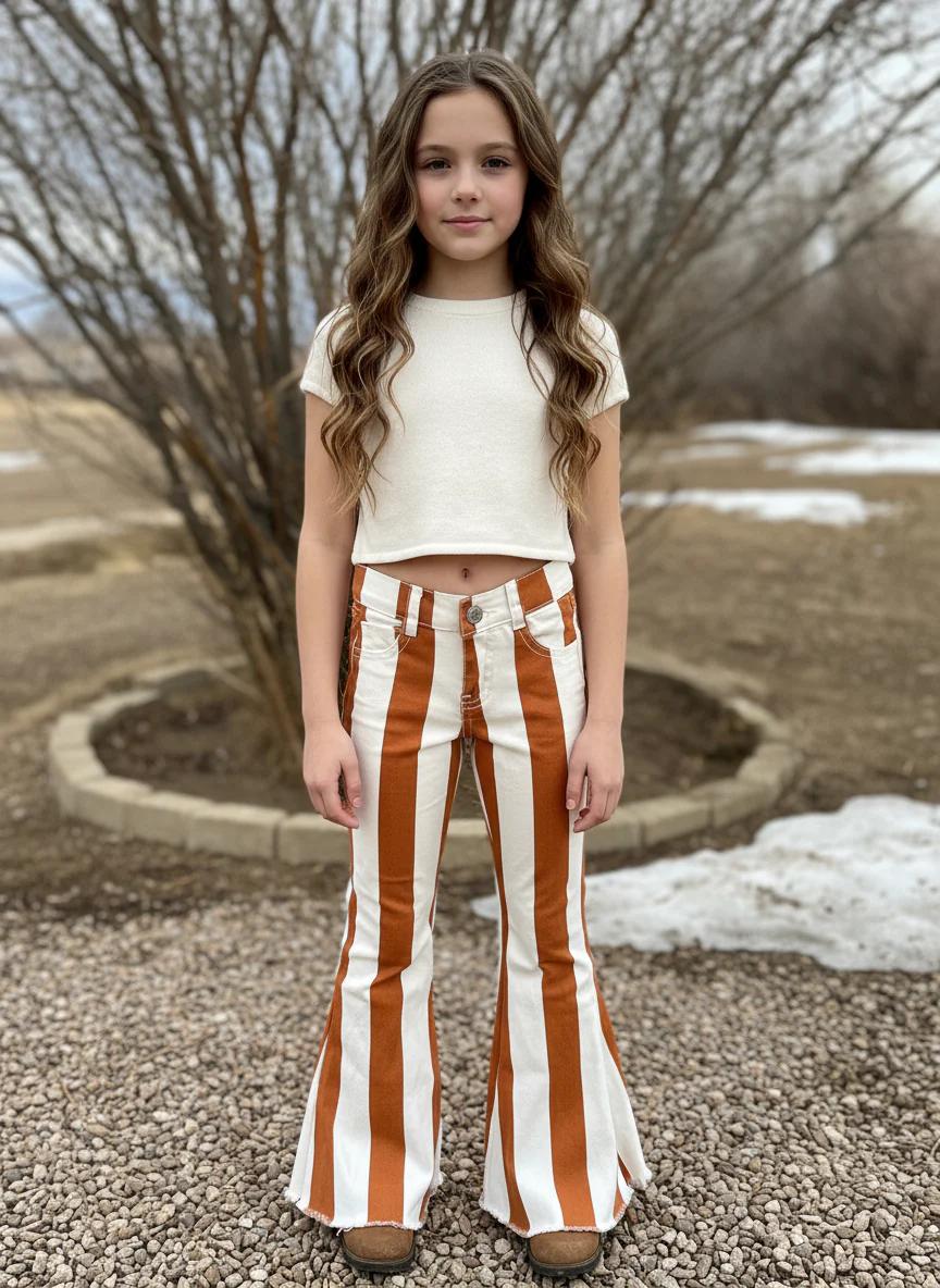 Girls Toddler Striped Bell Bottom Jeans, Retro Flare Denim Pants, Adjustable Waistband