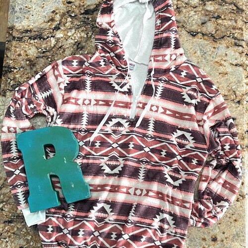 Aztec Sherpa Fleece Hoodie Burgundy 