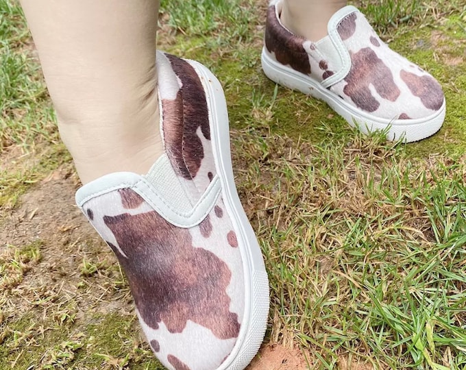 Kids Cow Print Shoe Cowbabe Sneaker Brindle Cowhide Slipon Etsy
