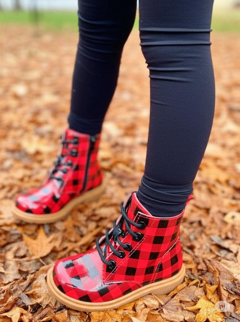 Buffalo Plaid Boots Kids Red & Black Christmas Outfit  display picture 1