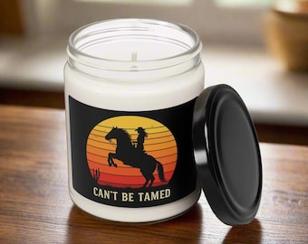 Can't Be Tamed Cowgirl Candle, Western Home Decor, Gift for Horse Lovers, 9oz Soy Candle, Cowgirl on Rearing Horse, Scented Candle